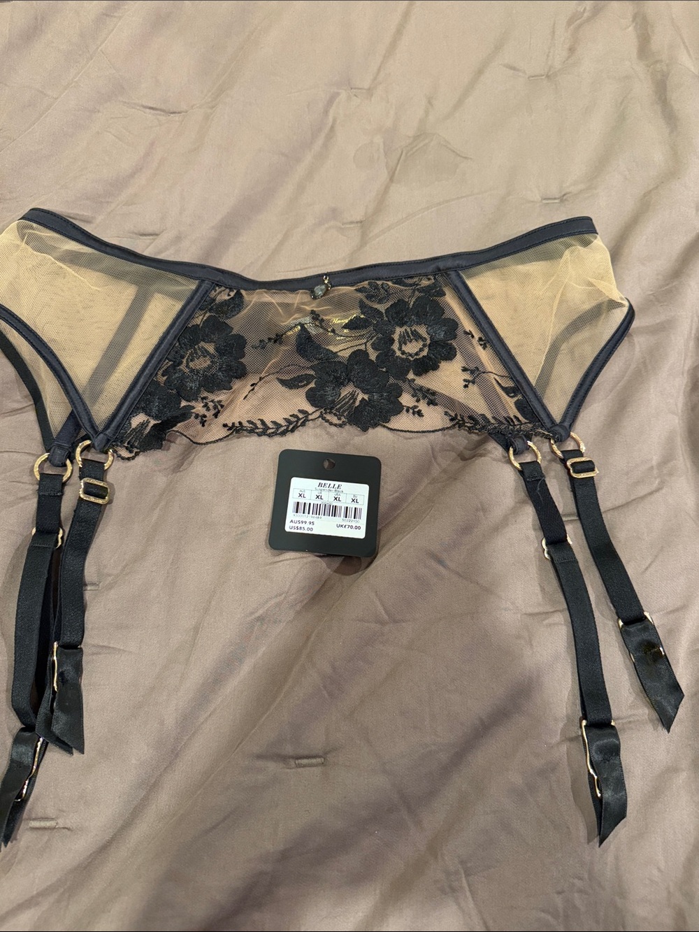 Honey Birdette Belle Black and Nude Floral Lace Garter Belt XL